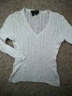 Lauren Ralph Lauren Linen Women’s Sweater Ivory Petite Medium Open Knit V Neck